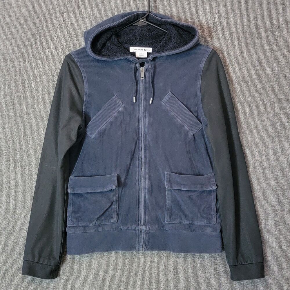 Lacoste Jacket Womens XS 36 Navy Blue & Black Corduroy Fleece Lined Hoodie